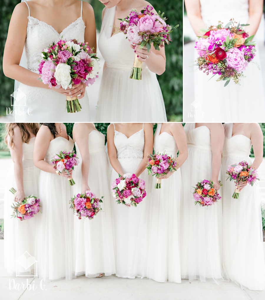 pink peonies bouquets with cream bridal dresses bridesmaids; Wedding party downtown Kansas city urban wedding photographer 