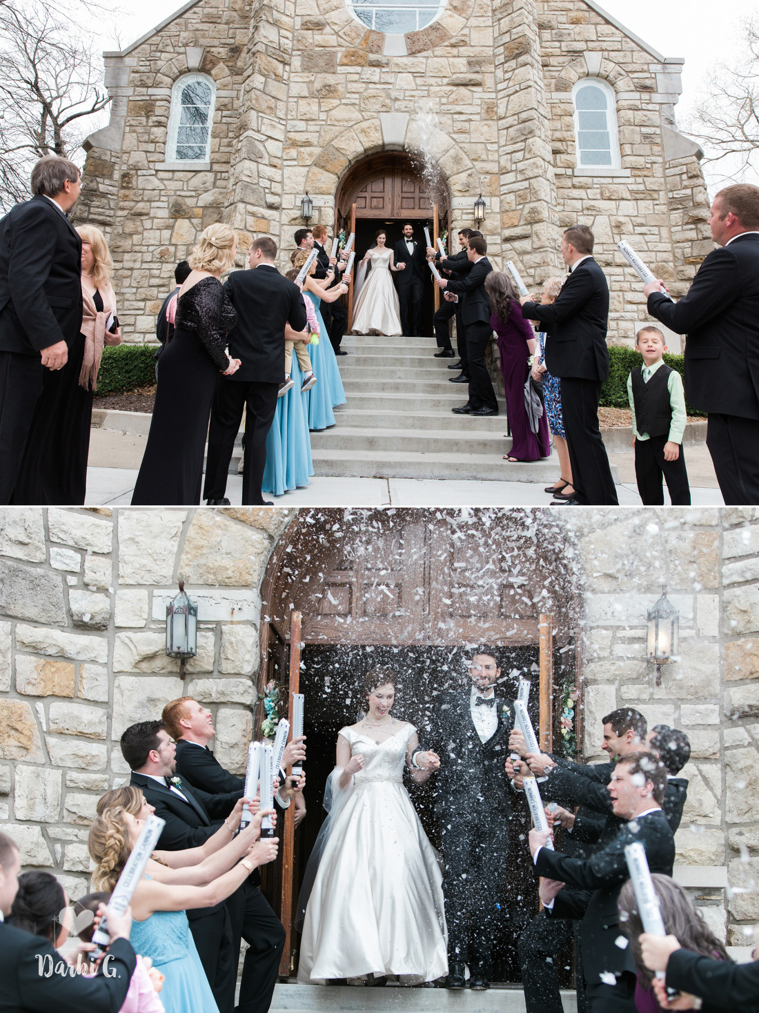 exit Kansas City wedding bride and groom confetti