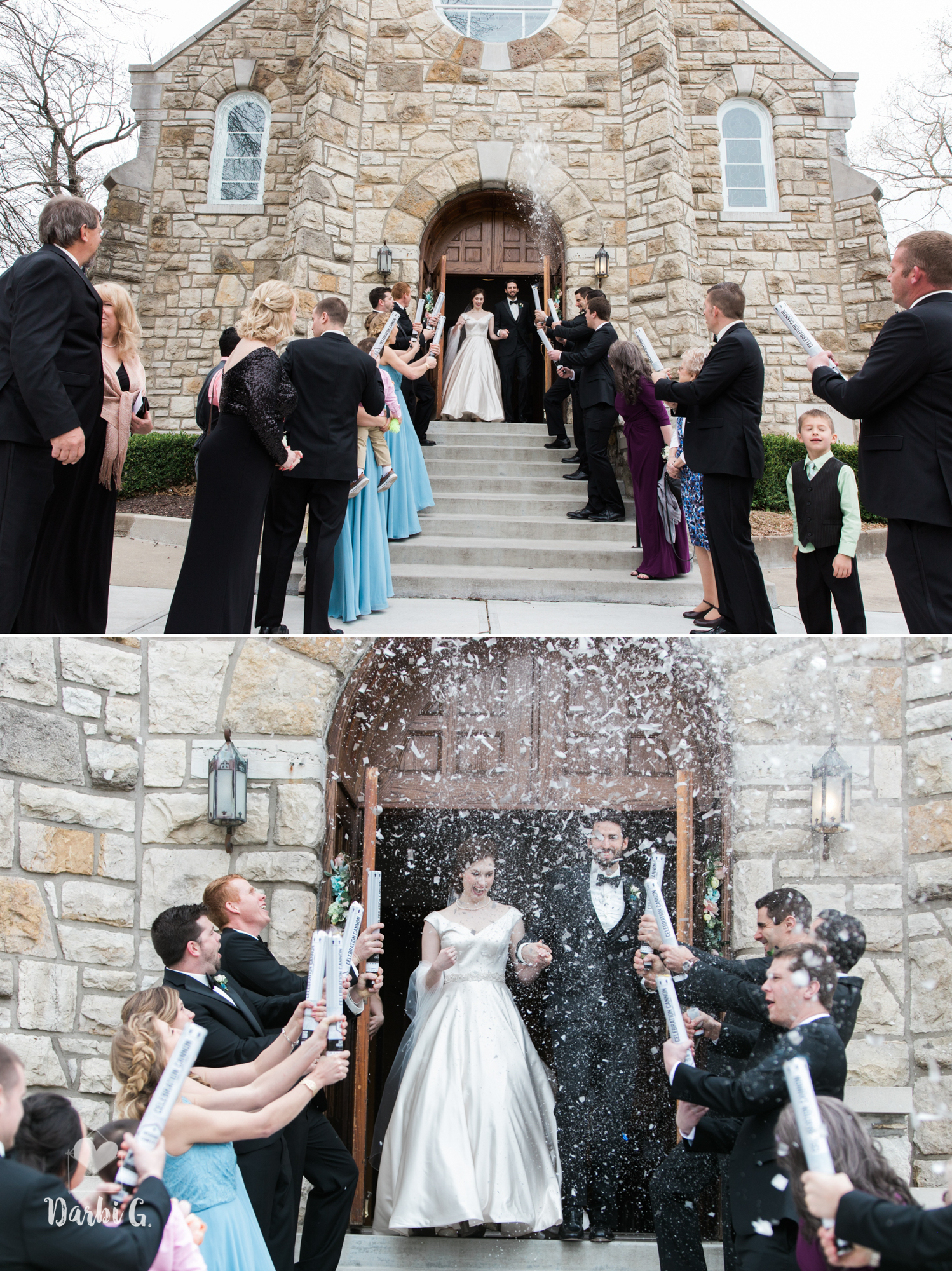 exit Kansas City wedding bride and groom confetti